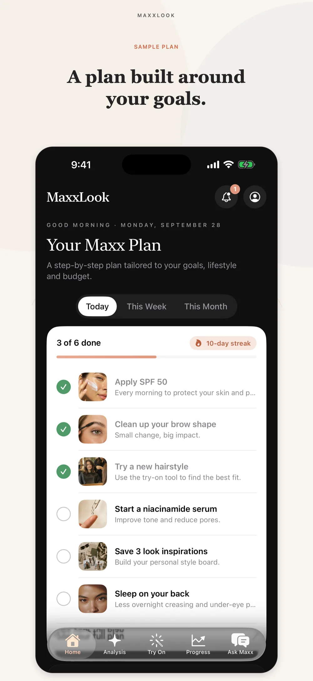 MaxxLook iOS app — a plan built around your goals