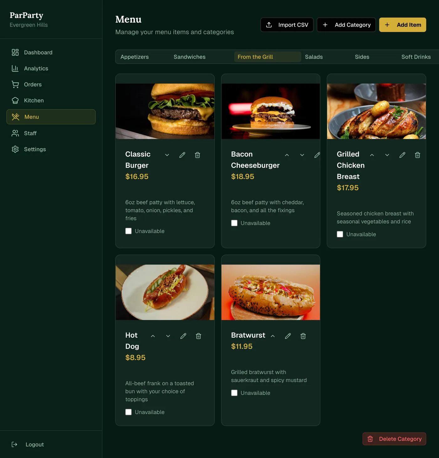 ParParty club admin — menu and item management