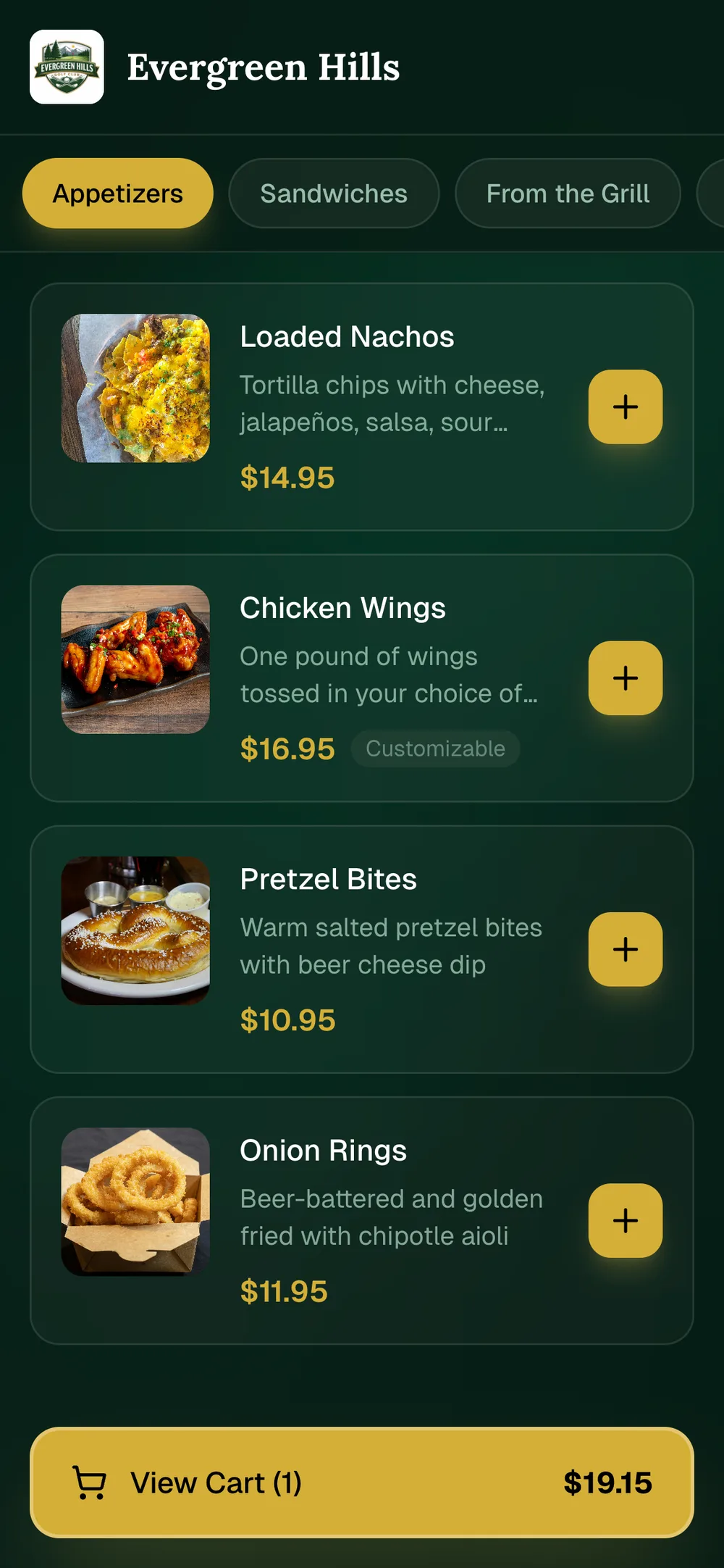 ParParty menu screen — appetizers at Evergreen Hills